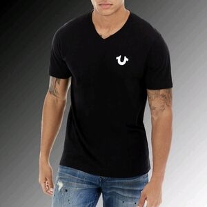 True Religion Black V-Neck Tee T-shirt Classic Horseshoe Logo Men's M Cotton